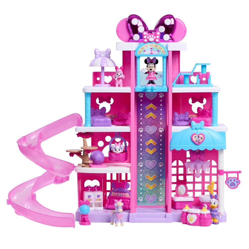 Disney Jr. Minnie Mouse Pet Hotel Playset, 4-Floor 360° Playset with Light-Up